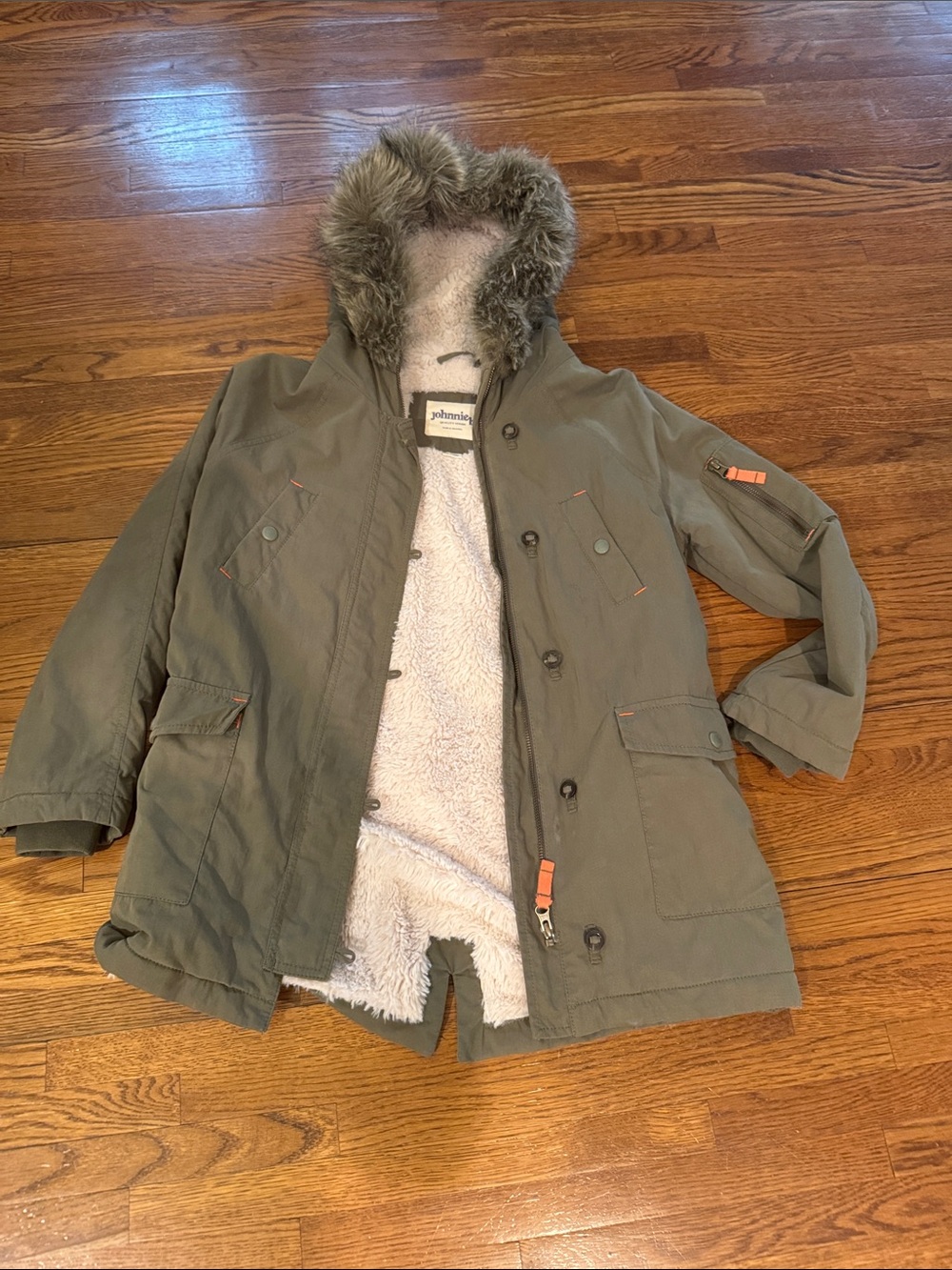 Johnnie b (Mini Boden) Faux Fur Hooded Olive Green Parka Jacket
